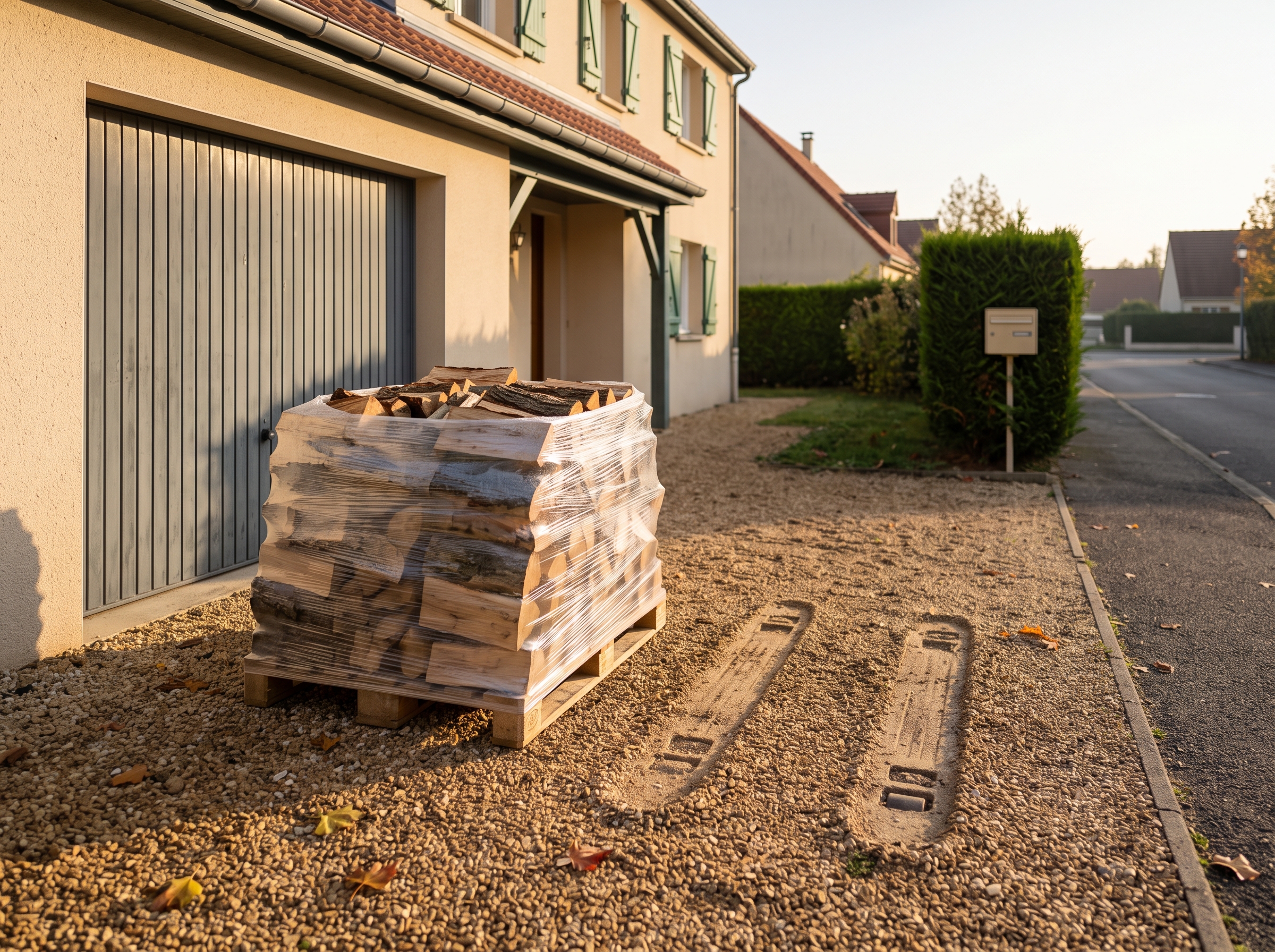 Palette de bûches filmée déposée devant un garage